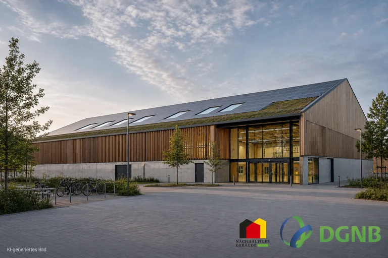 Visualisierung einer Sporthalle mit Holzfassade, Glasfront und begrüntem Solardach; Themen: DGNB- und QNG-zertifiziertes Bauen, Klimafreundlicher Neubau (KFN).