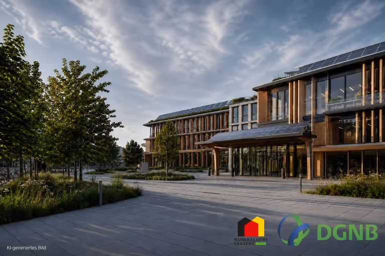Visualisierung eines modernen Verwaltungsgebäudes aus Holz und Glas mit Photovoltaik; Themen: DGNB- und QNG-zertifiziertes Bauen, Klimafreundlicher Neubau (KFN).