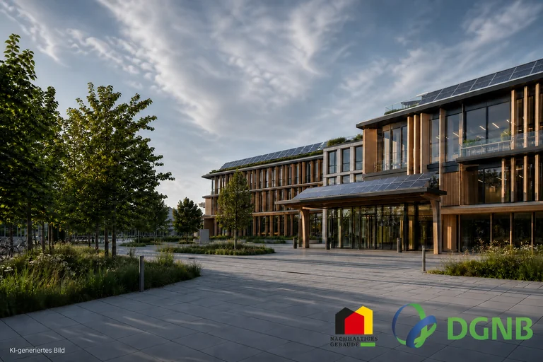 Visualisierung eines modernen Verwaltungsgebäudes aus Holz und Glas mit Photovoltaik; Themen: DGNB- und QNG-zertifiziertes Bauen, Klimafreundlicher Neubau (KFN).