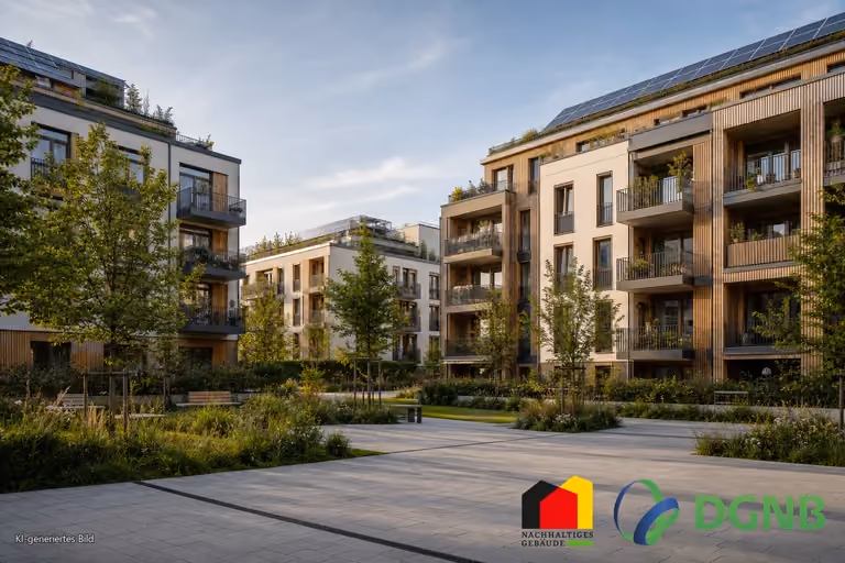 Visualisierung eines Wohnensembles mit Holzfassaden, Balkonen und Solardächern; Themen: DGNB- und QNG-zertifiziertes Bauen, Klimafreundlicher Neubau (KFN).
