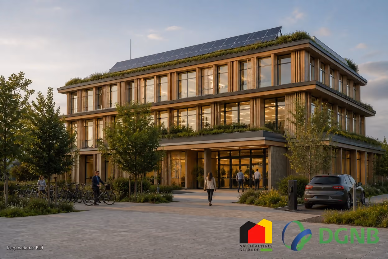 Visualisierung eines nachhaltigen Gebäudes im Betrieb mit Fahrrädern, E-Ladepunkt und begrünten Außenanlagen; Themen: DGNB- und QNG-zertifiziertes Bauen, Klimafreundlicher Neubau (KFN).