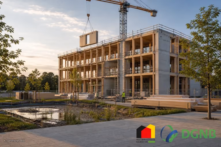 Visualisierung einer geordneten nachhaltigen Baustelle mit Holz-Hybrid-Tragwerk, Kran und Materiallager; Themen: DGNB- und QNG-zertifiziertes Bauen, Klimafreundlicher Neubau (KFN).