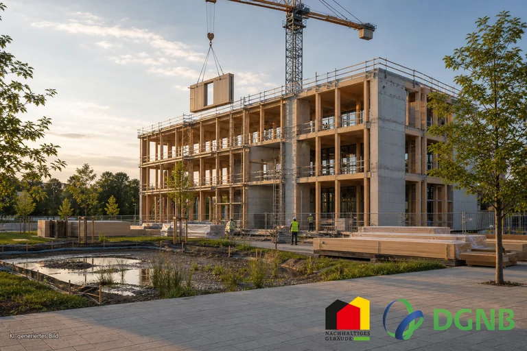Visualisierung einer geordneten nachhaltigen Baustelle mit Holz-Hybrid-Tragwerk, Kran und Materiallager; Themen: DGNB- und QNG-zertifiziertes Bauen, Klimafreundlicher Neubau (KFN).