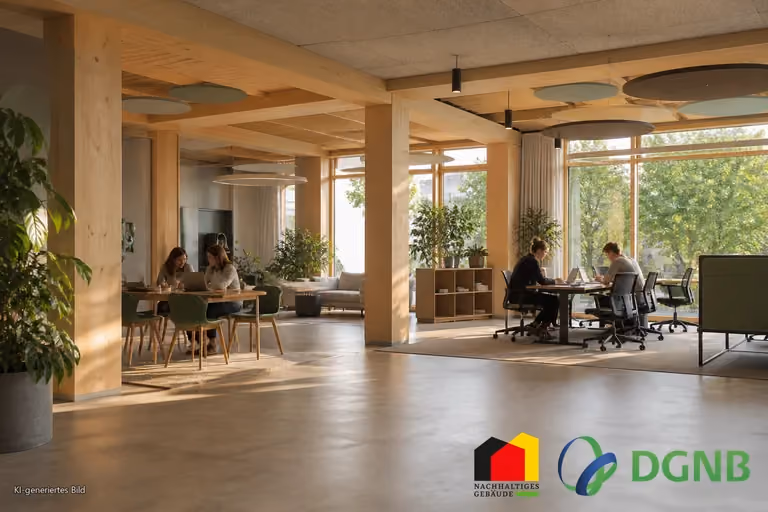 Visualisierung eines nachhaltigen Innenraums mit sichtbarem Holz, Tageslicht und Pflanzen; Themen: DGNB- und QNG-zertifiziertes Bauen, Klimafreundlicher Neubau (KFN).