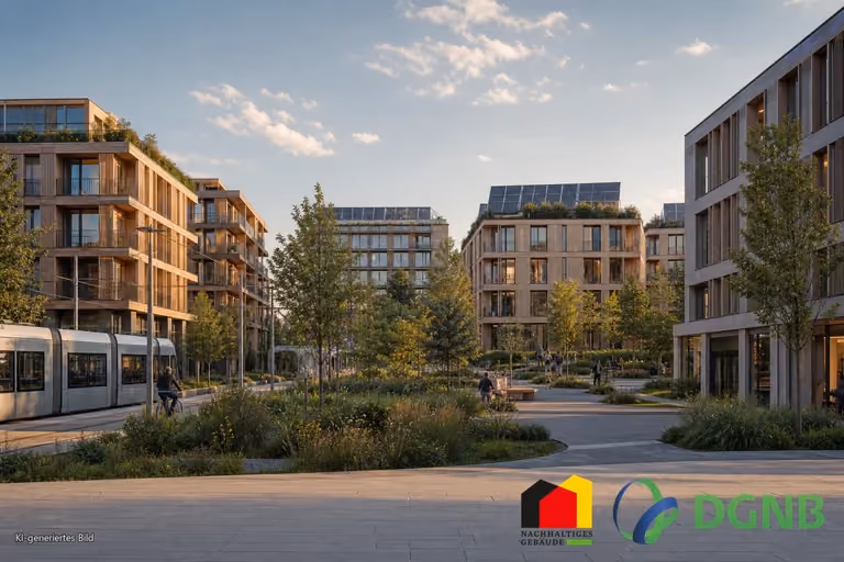 Visualisierung eines nachhaltigen Quartiers mit Holz-Hybrid-Bauten, Solardächern, Grünflächen und Straßenbahn; Themen: DGNB- und QNG-zertifiziertes Bauen, Klimafreundlicher Neubau (KFN).