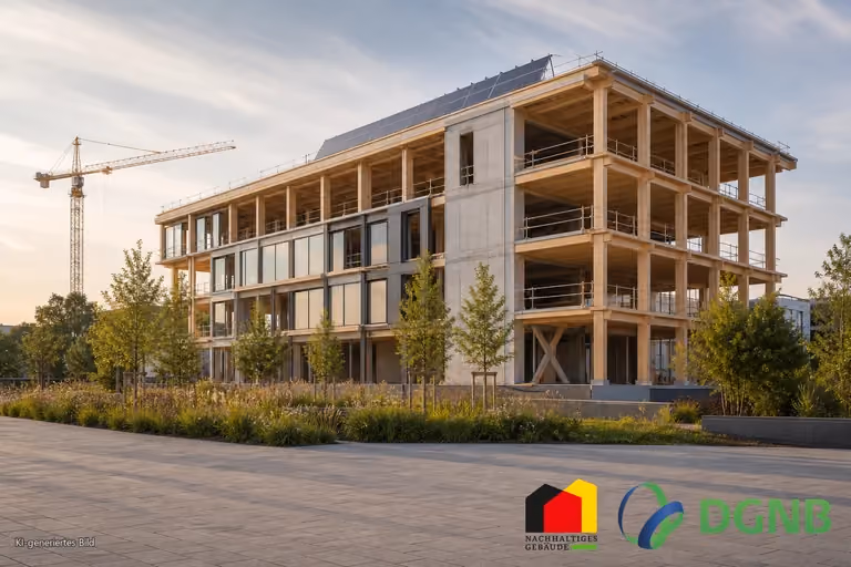 Visualisierung eines nachhaltigen Holz-Hybrid-Neubaus mit Photovoltaik im fortgeschrittenen Bauzustand; Themen: DGNB- und QNG-zertifiziertes Bauen, Klimafreundlicher Neubau (KFN).