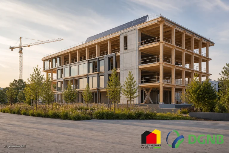 Visualisierung eines nachhaltigen Holz-Hybrid-Neubaus mit Photovoltaik im fortgeschrittenen Bauzustand; Themen: DGNB- und QNG-zertifiziertes Bauen, Klimafreundlicher Neubau (KFN).
