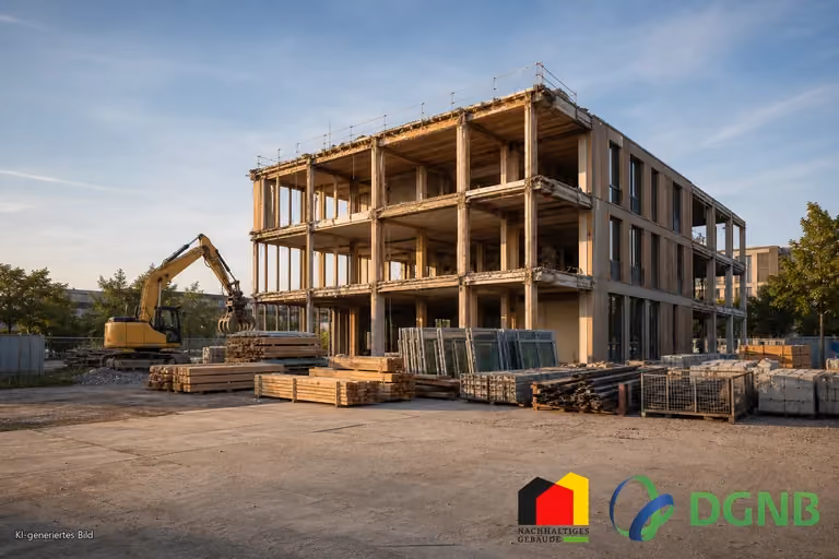Visualisierung eines selektiven Gebäuderückbaus mit sortenreiner Materialtrennung und Wiederverwendung; Themen: DGNB- und QNG-zertifiziertes Bauen.