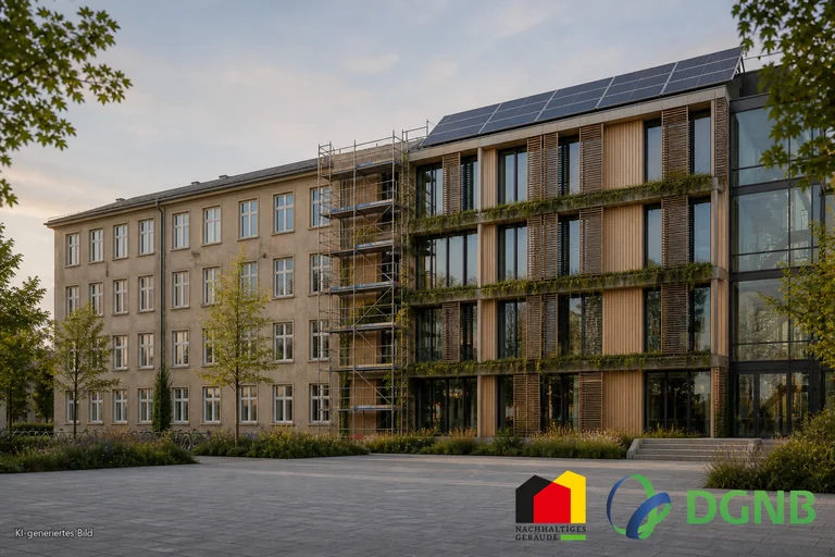 Visualisierung einer energetischen Gebäudesanierung mit Holzfassade, neuen Fenstern und Photovoltaik; Themen: DGNB- und QNG-zertifiziertes Bauen, Klimafreundlicher Neubau (KFN).