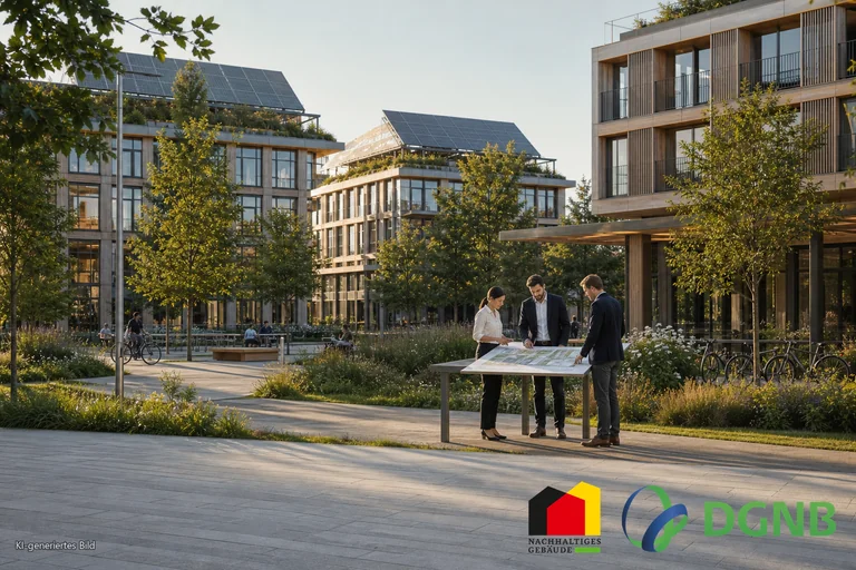 Visualisierung einer ESG-Beratung für einen nachhaltigen Immobiliencampus mit begrünten Freiräumen; Themen: DGNB- und QNG-zertifiziertes Bauen, Klimafreundlicher Neubau (KFN).