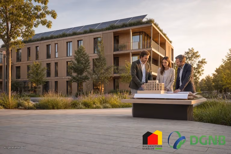 Visualisierung einer Förderberatung für ein nachhaltiges Gebäude mit Modell und Planungsunterlagen; Themen: DGNB- und QNG-zertifiziertes Bauen, Klimafreundlicher Neubau (KFN).