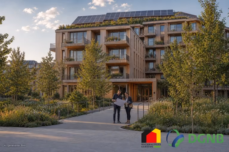 Visualisierung eines Gebäudes der Nachhaltigkeitsklasse mit Holzfassade, Photovoltaik und barrierefreiem Zugang; Themen: DGNB- und QNG-zertifiziertes Bauen, Klimafreundlicher Neubau (KFN).