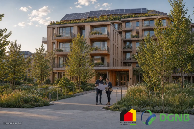 Visualisierung eines Gebäudes der Nachhaltigkeitsklasse mit Holzfassade, Photovoltaik und barrierefreiem Zugang; Themen: DGNB- und QNG-zertifiziertes Bauen, Klimafreundlicher Neubau (KFN).