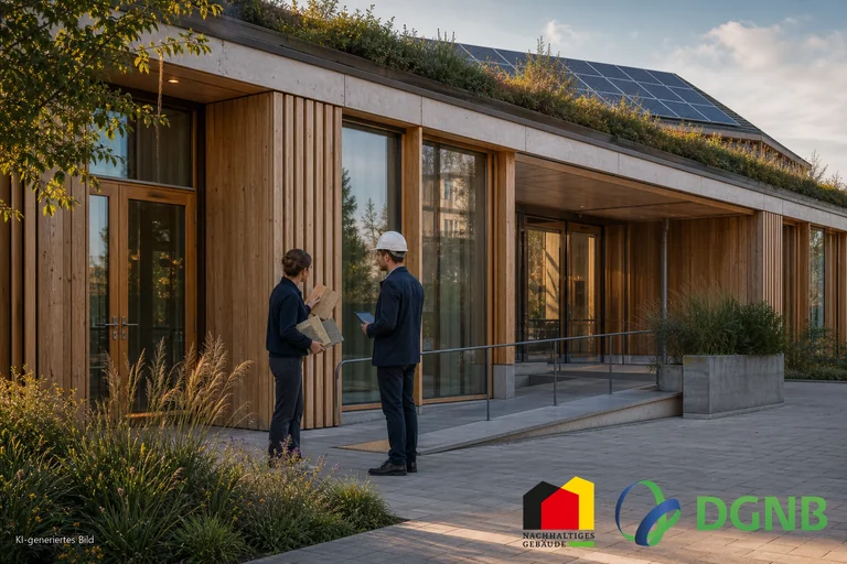 Visualisierung einer QNG-Qualitätsprüfung mit Materialmustern vor einem nachhaltigen Gebäude; Themen: DGNB- und QNG-zertifiziertes Bauen, Klimafreundlicher Neubau (KFN).