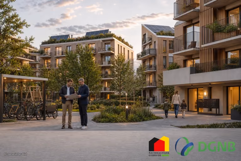 Visualisierung eines nachhaltigen Mietwohnungsneubaus als Thema der Sonder-AfA mit Wohnhof und Solardächern; Themen: DGNB- und QNG-zertifiziertes Bauen, Klimafreundlicher Neubau (KFN).