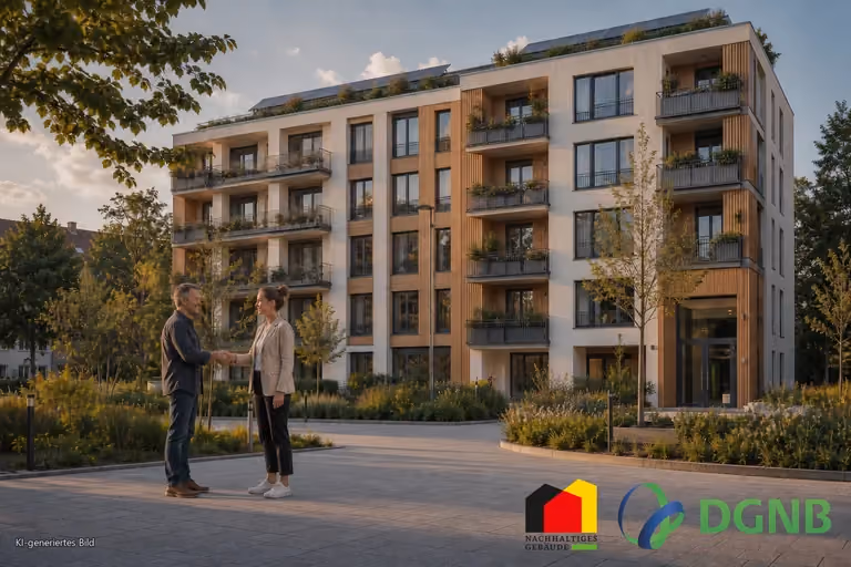 Visualisierung einer Förderberatung und Projektübergabe vor einem energieeffizienten Mehrfamilienhaus; Themen: DGNB- und QNG-zertifiziertes Bauen, Klimafreundlicher Neubau (KFN).