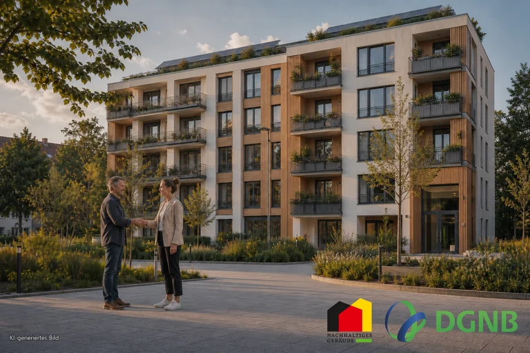 Visualisierung einer Förderberatung und Projektübergabe vor einem energieeffizienten Mehrfamilienhaus; Themen: DGNB- und QNG-zertifiziertes Bauen, Klimafreundlicher Neubau (KFN).