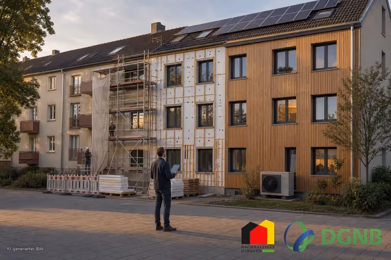 Visualisierung einer BEG-Förderberatung zur energetischen Gebäudesanierung mit Dämmung, neuen Fenstern und Photovoltaik; Themen: DGNB- und QNG-zertifiziertes Bauen, Klimafreundlicher Neubau (KFN).