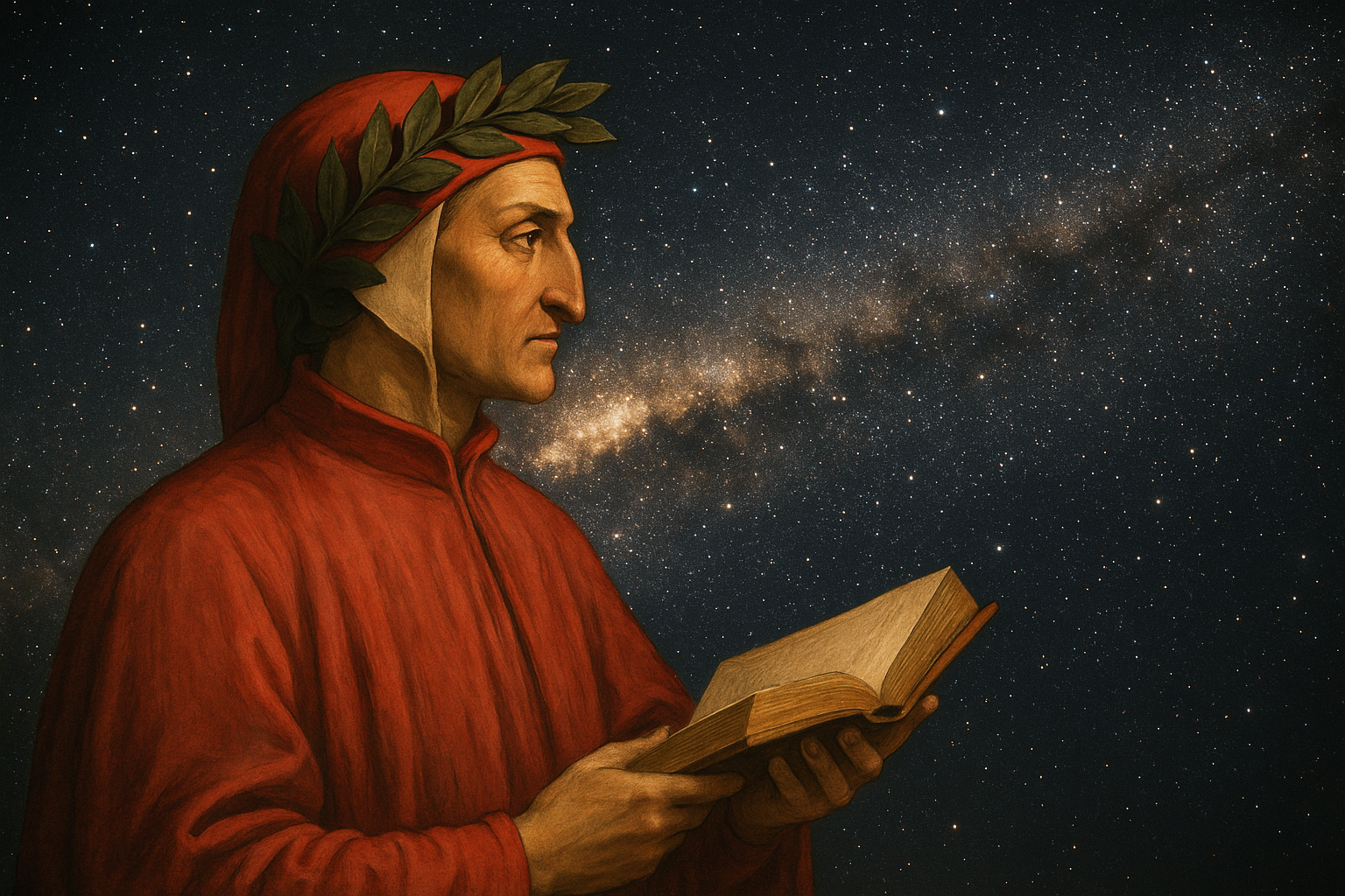 Portrait of Dante Alighieri in a red robe and laurel crown, holding an open book, set against a star-filled night sky with the Milky Way clearly visible behind him.