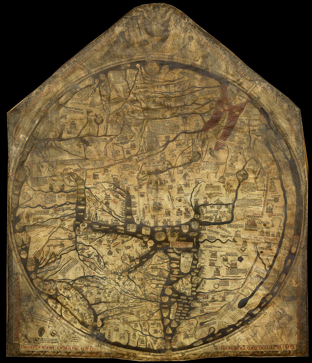 Hereford Mappa Mundi – 13th-century medieval world map showing a symbolic, religious, and mythological view of the world on vellum parchment.