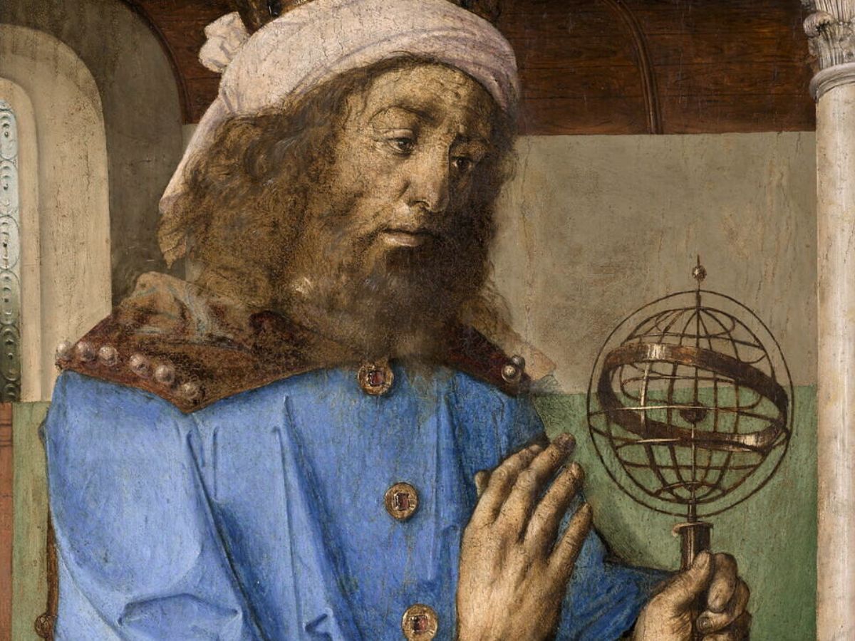 Ptolemy with a armillary sphere model - 1476 Painting by Joos van Ghent and Pedro Berruguete