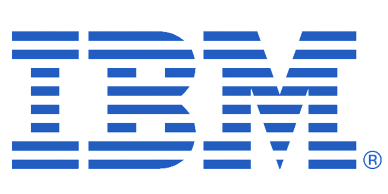 IBM logo with blue horizontal stripes forming the letters IBM.
