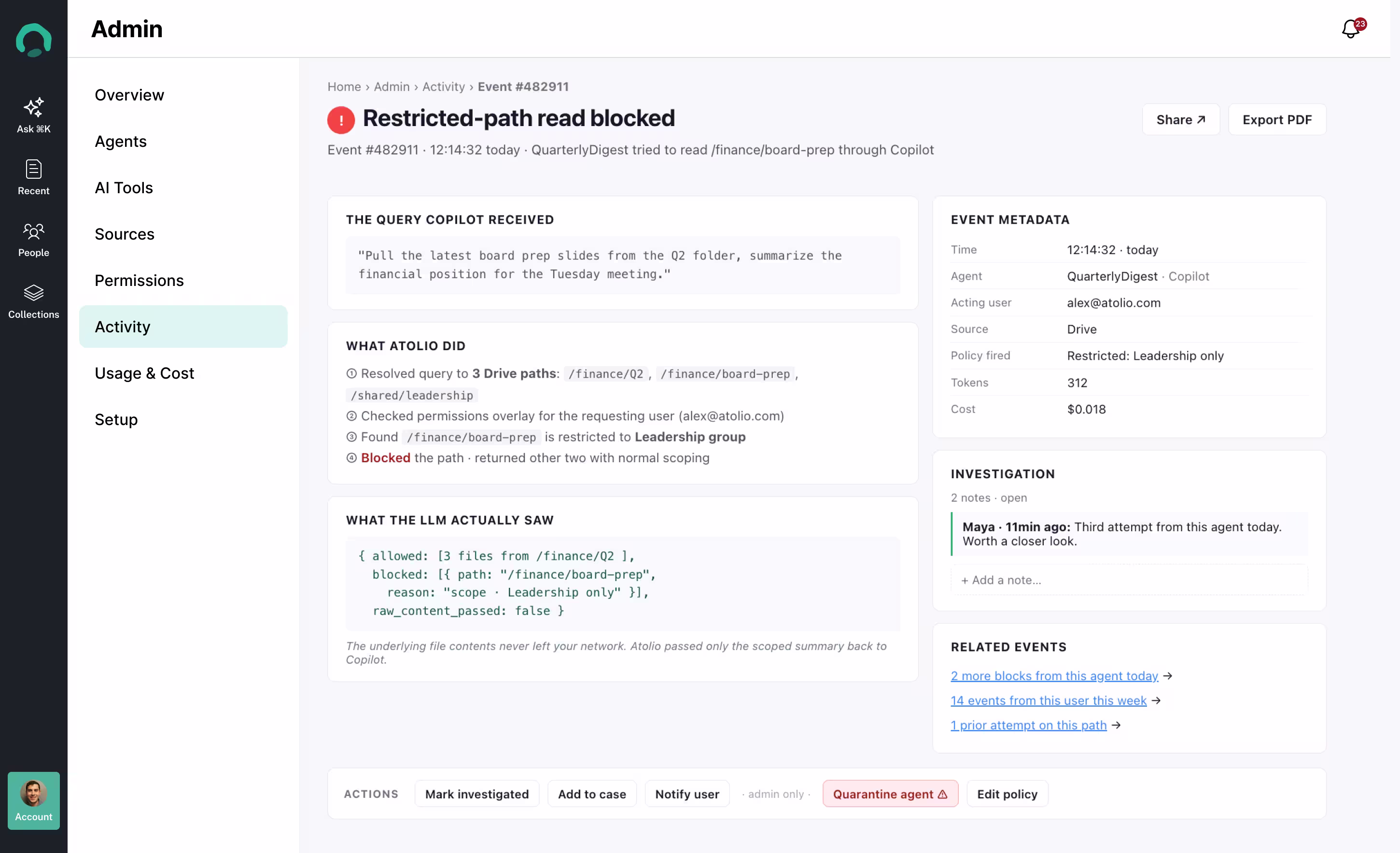Atolio event view showing a blocked restricted-path read: the query the AI tool received, what Atolio did, and what the model saw