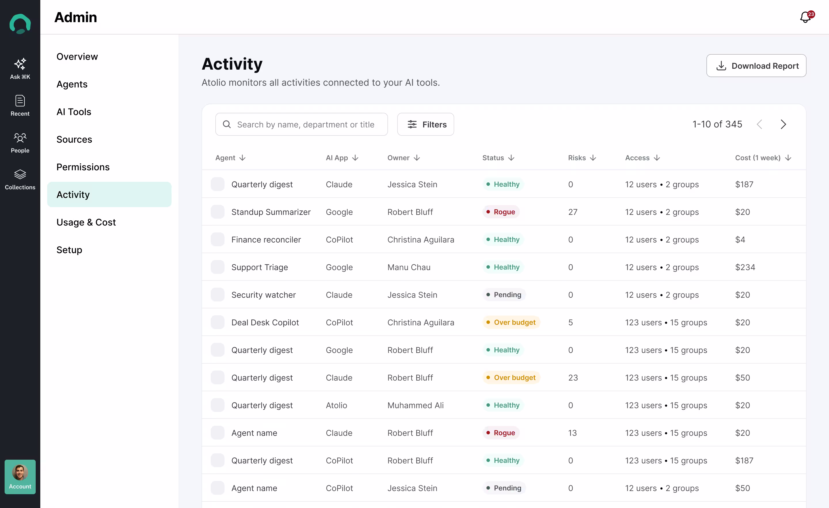 Atolio agent inventory listing each agent with its AI app, owner, status, risks, access, and weekly cost