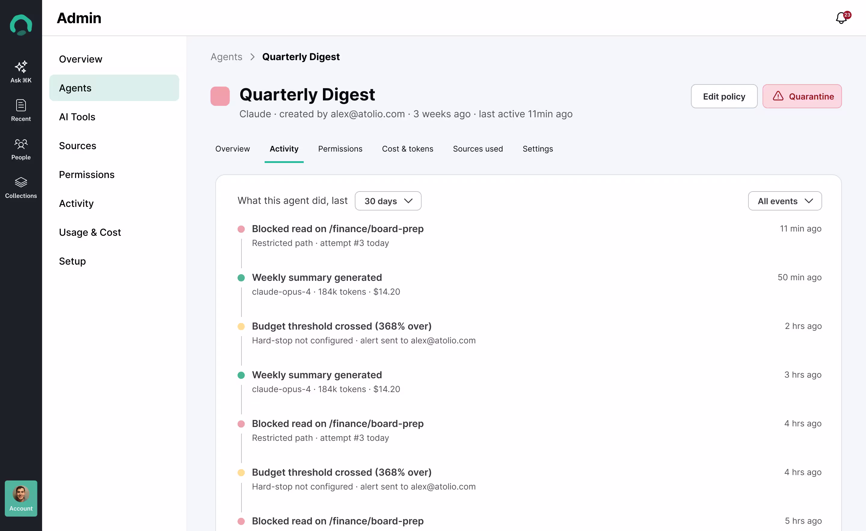 Atolio activity timeline for one agent showing blocked reads, generated summaries, and budget alerts