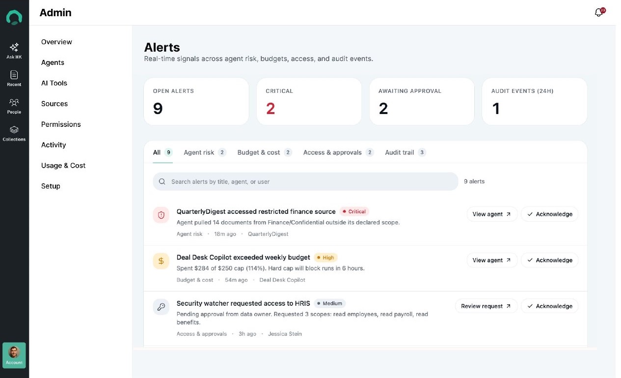 Atolio alerts view with open, critical, awaiting approval, and audit event counts