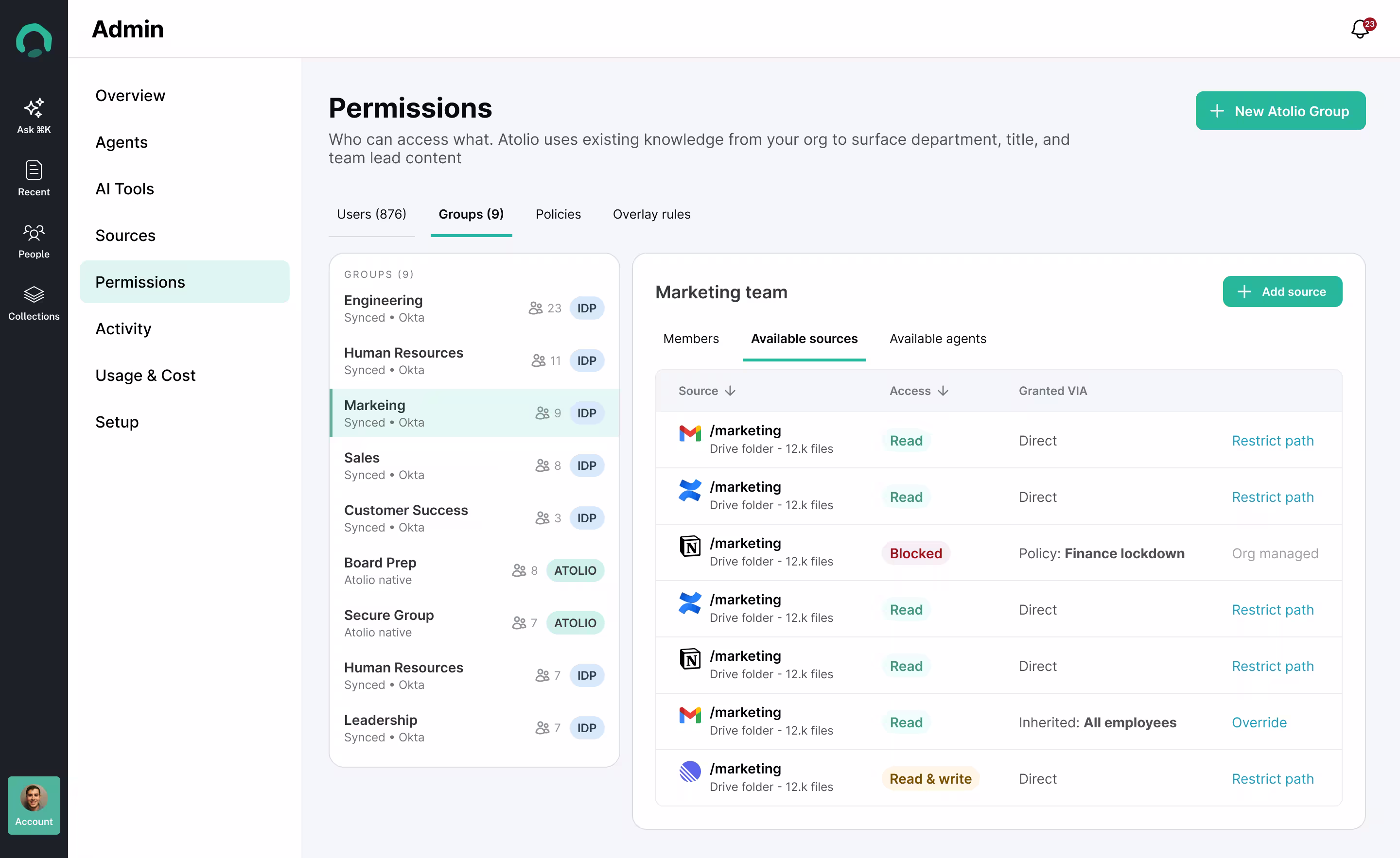 Atolio permissions view listing the sources available to the Marketing team and their access levels