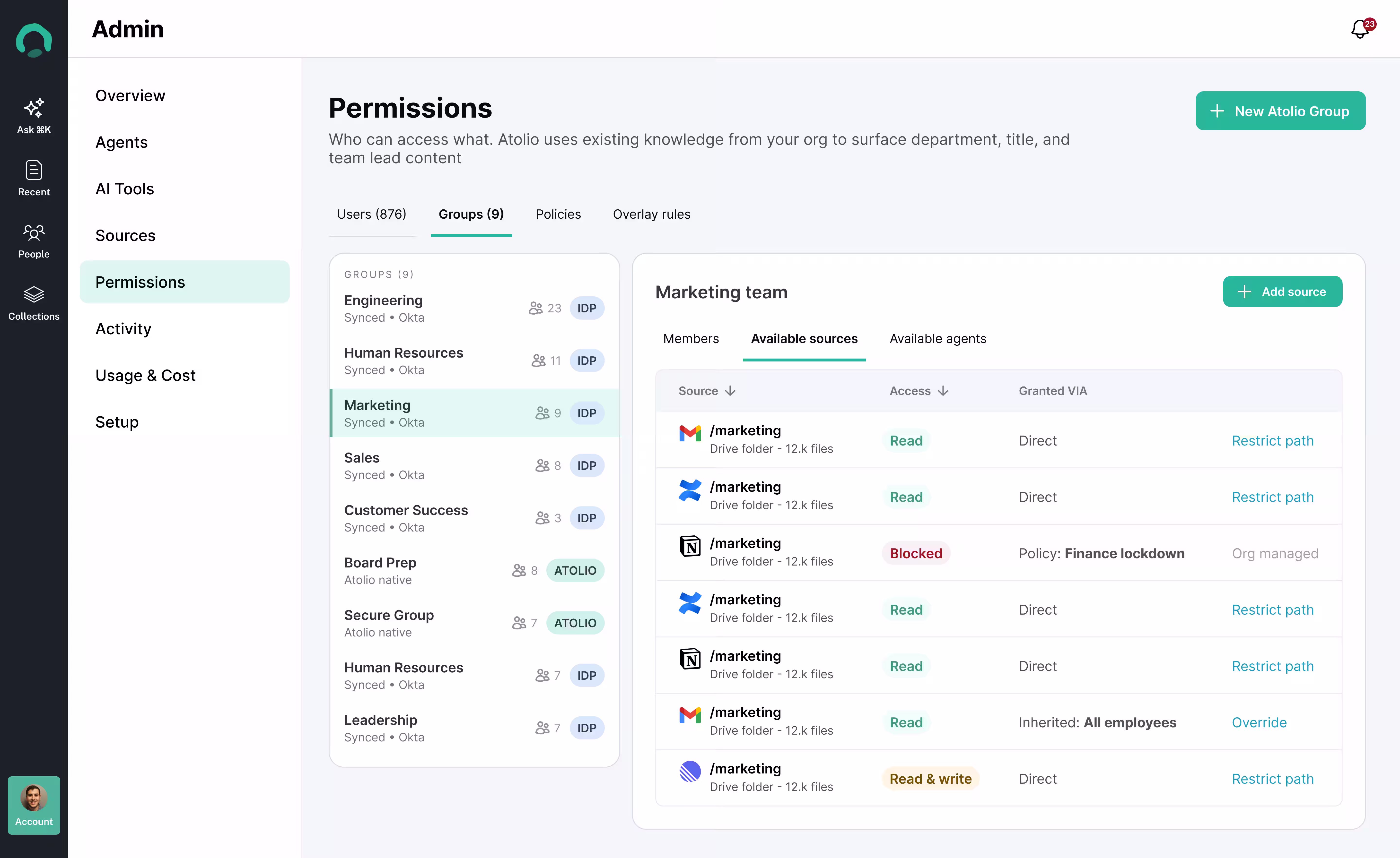 Atolio permissions view listing the sources available to the Marketing team and their access levels