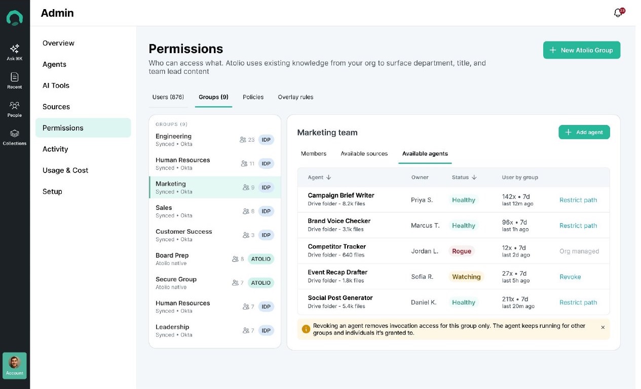 Atolio permissions view listing the agents available to the Marketing team