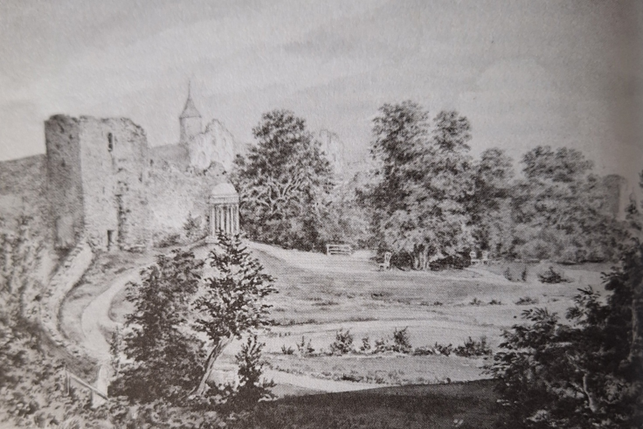 A drawing of a landscape with trees and a buildingAI-generated content may be incorrect.