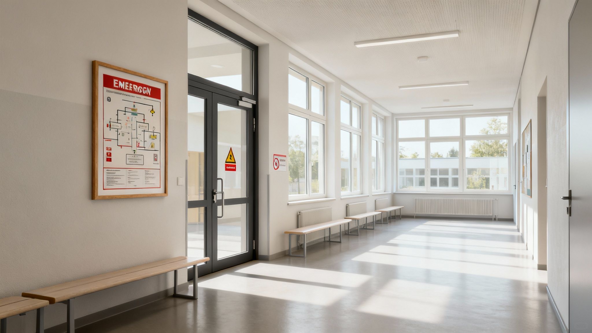 Ein leerer Schulflur, der nachdenklich stimmt und das Thema Sicherheit in Bildungseinrichtungen symbolisiert.