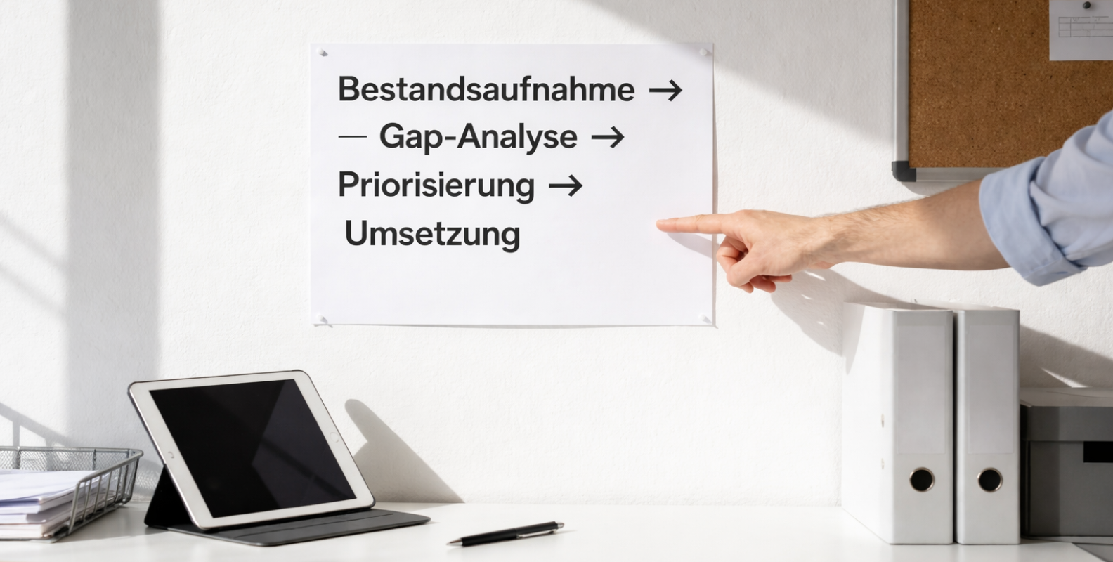An einer Wand hängt ein Zettel mit der Aufschrift Bestandsaufnahme, Gap-Analyse, Priorisierung und Umsetzung