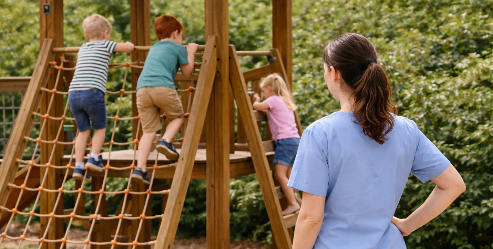 Eine Erzieherin schaut Kindern beim Klettern zu