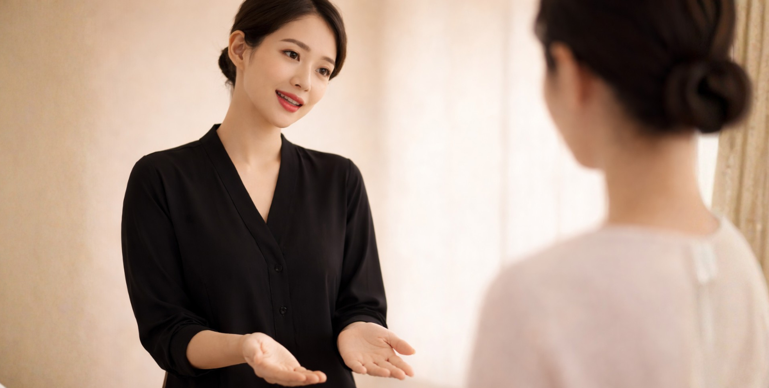 Eine Frau erklärt etwas, ihre Hände sind dabei offen