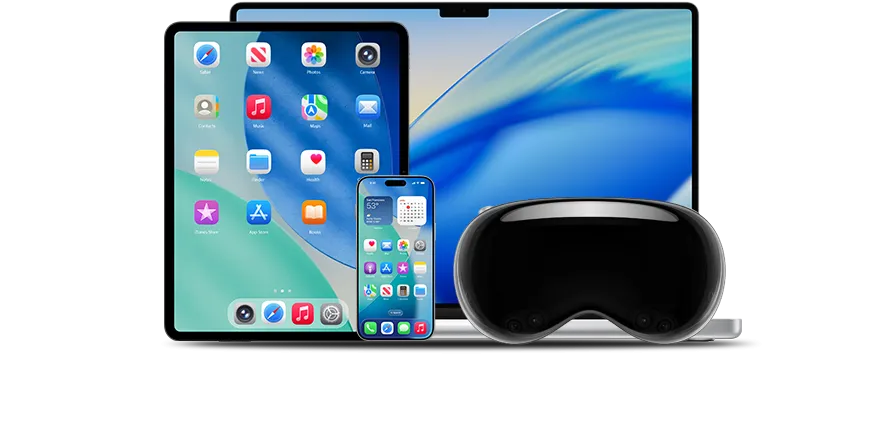 A photo of apple devices, including a Mac, iPad, iPhone, Apple Watch, AppleTV and Vision Pro
