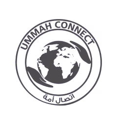 Logo van Ummah Connect met afbeelding van de aarde tussen twee bladeren en tekst rondom.