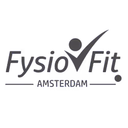 Logo van FysioFit Amsterdam met een gestileerde persoon en vinkje.