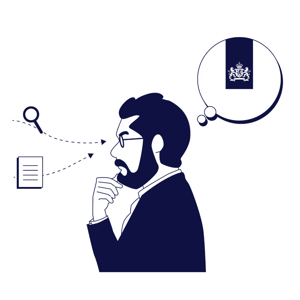 Zilverkleurige silhouet van een man met bril die nadenkt, met pictogrammen van een vergrootglas, document en een denktank met een schild in de vorm van een wapen.