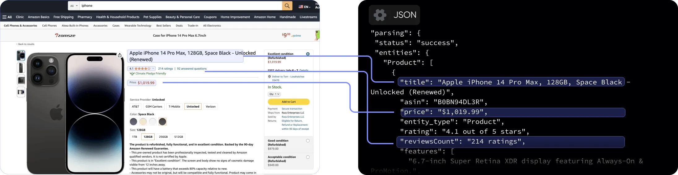 accurate data visual, two web windows side by side