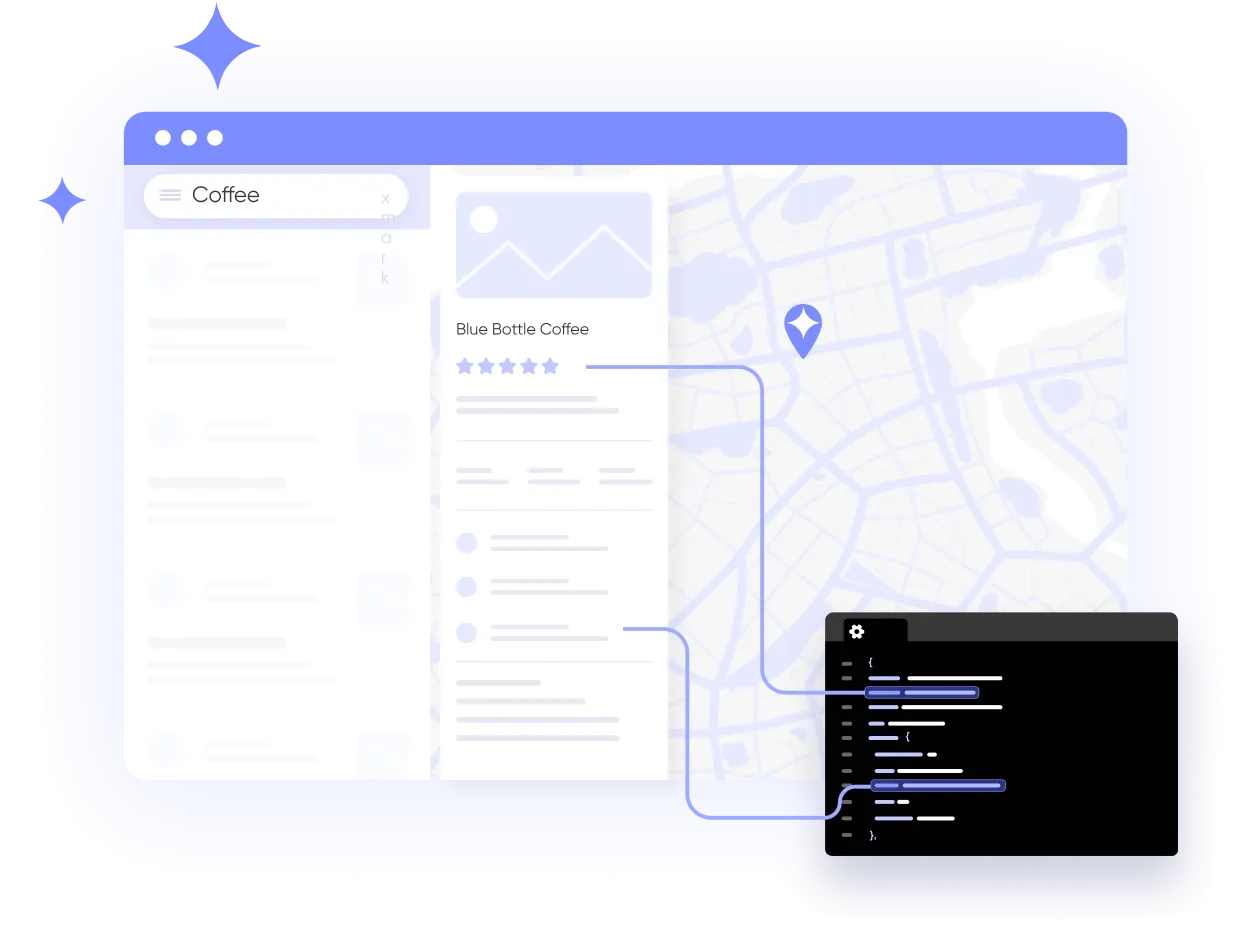 white box with purple top that symbolizes a browser window, light purple accents