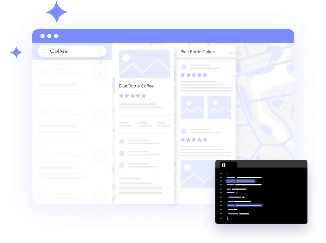 white box with purple top that symbolizes a browser window, light purple accents