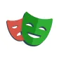 Icon of two theater masks, one green smiling and one red frowning within a white circle.