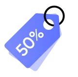 50% off coupon icon, purple with white text