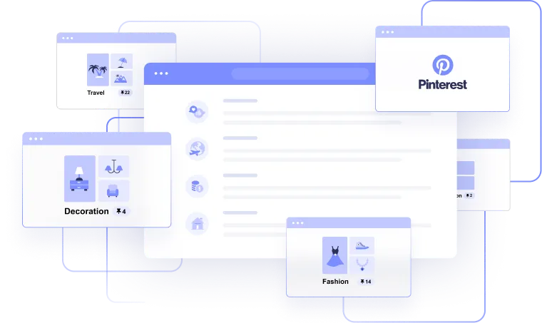 a series of colored and white boxes with purple icons and highlights that look like opened browser windows