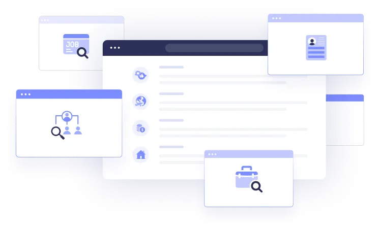 a series of colored and white boxes with purple icons and highlights that look like opened browser windows