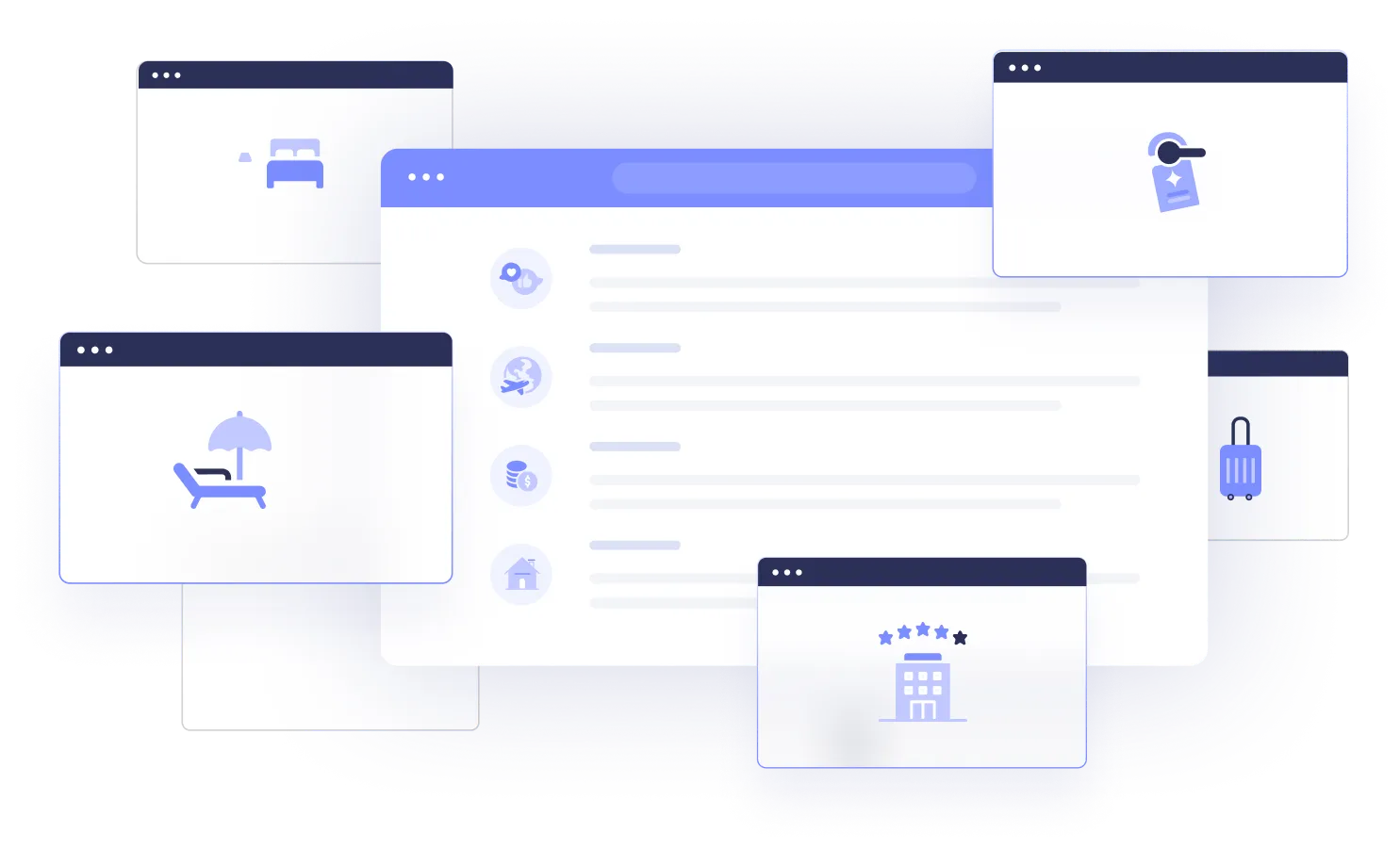 a series of colored and white boxes with purple icons and highlights that look like opened browser windows